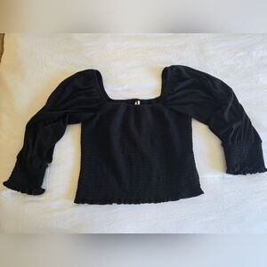 Anthropologie Black Smocked Puff-Sleeve Top Square Neck Romantic Blouse - Size M